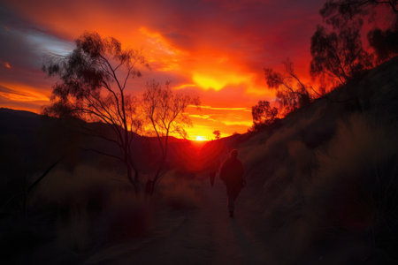 fiery sunset, with silhouetted figure and backpacker on the trail, created with generative aiの素材