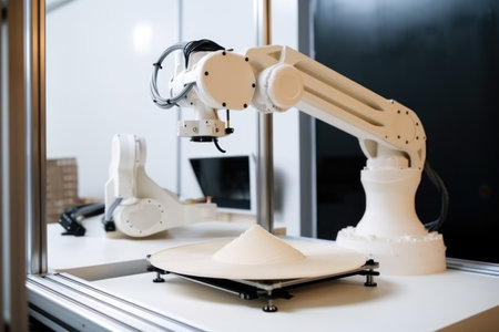 3d printing and additive manufacturing robot, with arm attached to 3d printer, printing intricate object, created with generative aiの素材