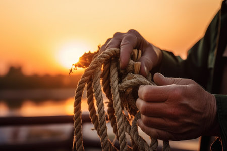 hands, tying a sturdy knot in rope, with cowboy hat and sunset in the background, created with generative aiの素材