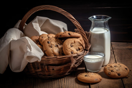 basket of freshly baked cookies, with a glass of milk for dunking, created with generative aiの素材