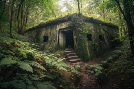 abandoned bunker in the forest, with trees and vegetation growing around it, created with generative aiの素材