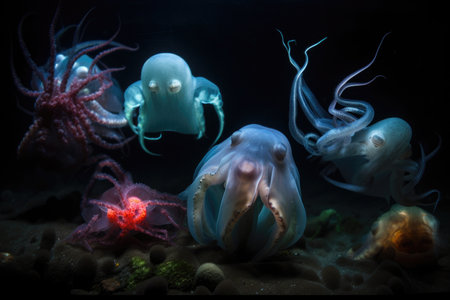 deep-sea creatures swimming and glowing in the dark depths of the ocean, created with generative aiの素材