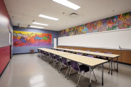 empty classroom, with bold and colorful mural on the wall, created with generative aiの素材