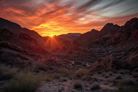 sunset over fiery canyon with silhouette of rugged mountain range in the background, created with generative aiの素材