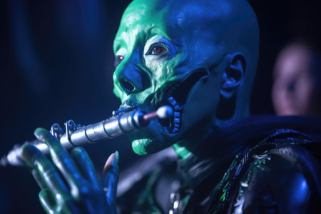 close-up of alien musician, playing flute at lively concert, created with generative aiの素材