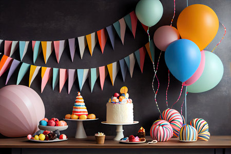 paper streamer decorating a birthday party with colorful balloons, banners and treats, created with generative aiの素材