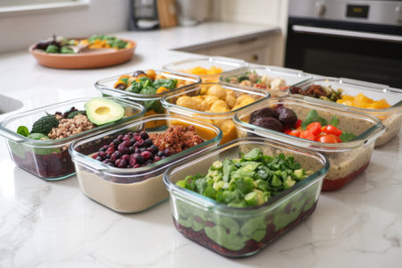meal prep blogger, showing how to make healthy and delicious meals in advance for busy week ahead, created with generative aiの素材
