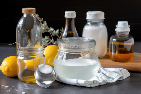 homemade mix of baking soda, vinegar and essential oils for sparkling clean surfaces, created with generative aiの素材