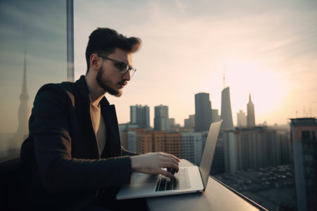 creative freelancer typing on laptop, with view of the city skyline in the background, created with generative aiの素材