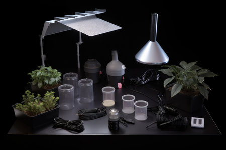 close-up of the various parts and pieces that go into a homegrow setup, including lighting and ventilation, created with generative aiの素材