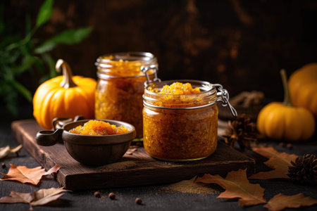 jar of pumpkin preserves, with flavor and spice, created with generative aiの素材