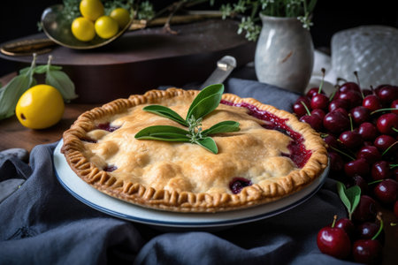 cherry pie being served on a platter, with sprig of fresh herbs and a wedge of lemon, created with generative aiの素材