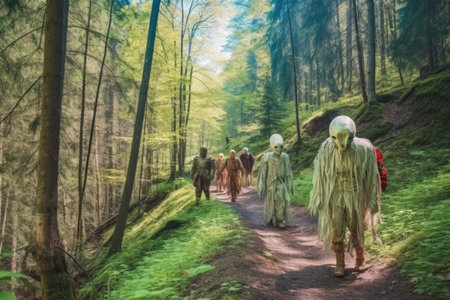group of alien friends going on hike through beautiful forest, with scenic views, created with generative aiの素材