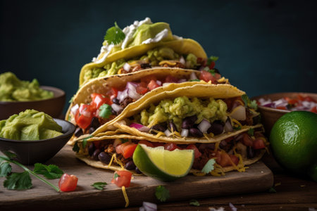 stack of tacos with guacamole and fresh salsa, created with generative aiの素材