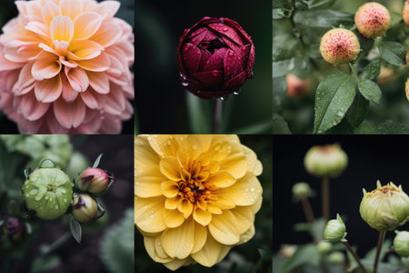 collage featuring close-up of garden blooms and greenery, created with generative aiの素材