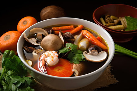 bowl of tom yam soup, with extra ingredients for boosting the health benefits, created with generative aiの素材