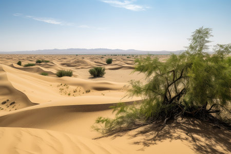 majestic dune with view of the desert oasis in the distance, created with generative aiの素材