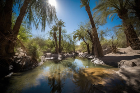 desert oasis with clear blue sky and sunlight shining through the trees, created with generative aiの素材