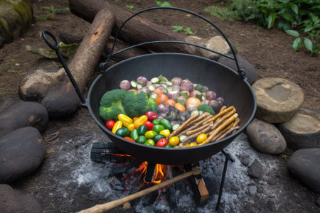 campfire pit with cast-iron skillet, kabob sticks, and assortment of vegetables on the fire, created with generative aiの素材