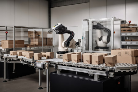 packaging and sorting robot, with packages of different shapes and sizes being sorted into corresponding bins, created with generative aiの素材
