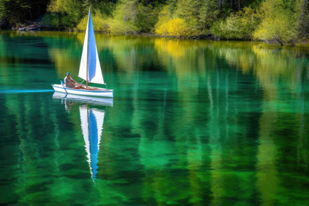 person, enjoying peaceful sail on crystal clear lake, created with generative aiの素材