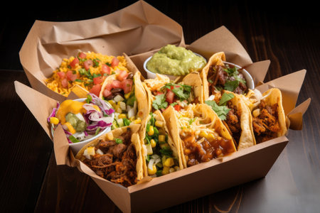 takeout box filled with tacos, burritos, and nachos, created with generative aiの素材