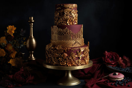 three-tiered cake with cascading floral design and metallic accents, created with generative aiの素材