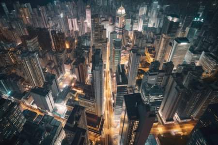 aerial view of a busy metropolis with glittering skyscrapers and bustling streets, created with generative aiの素材