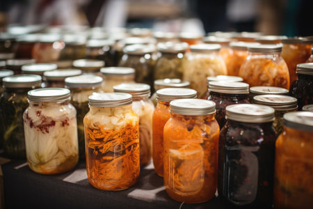 fermented food market, showcasing a variety of different fermented foods, such as kimchi and sauerkraut, created with generative aiの素材