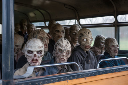 school bus full of alien students, with their strange and otherworldly faces visible, created with generative aiの素材