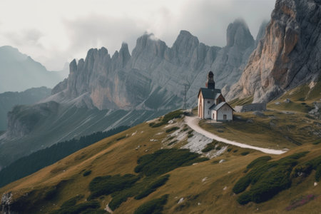 majestic mountain range with view of a chapel in the distance, created with generative aiの素材