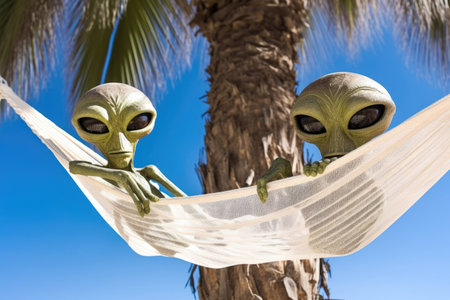 pair of aliens, relaxing on hammock under the shade of palm trees, created with generative aiの素材