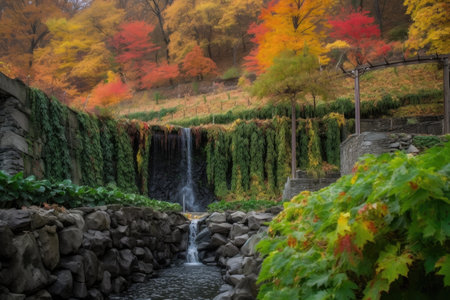 vineyard with cascading waterfall in the background, created with generative aiの素材