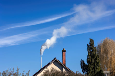 a clear blue sky with chimney smoke rising from a house in the distance, created with generative aiの素材