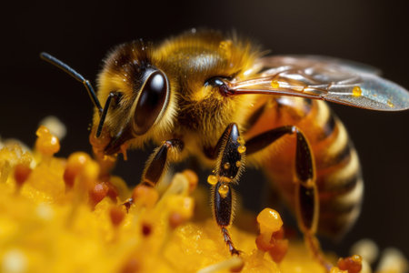 close-up of bee pollen, with visible yellow grains, created with generative aiの素材