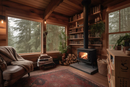cozy cabin with fireplace and stack of books for cozy reading retreat, created with generative aiの素材