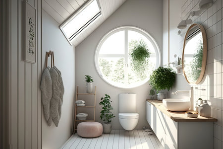 scandinavian-style bathroom with round white wash basin, minimalist fixtures and natural light, created with generative aiの素材