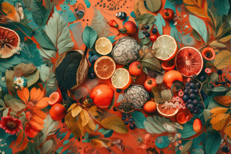 bright and colorful collage filled with natural elements and patterns in nature, created with generative aiの素材