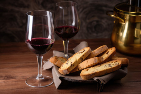 tin of freshly baked biscotti, paired with glass of wine, created with generative aiの素材