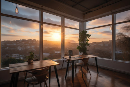 co-working space with a view of the sunrise, providing inspiration and energy to start the day, created with generative aiの素材