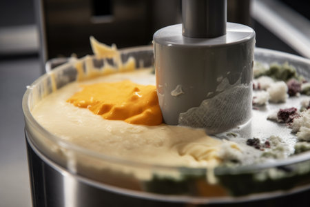 close-up of mixing blade in commercial processor, with ingredients being blended together, created with generative aiの素材