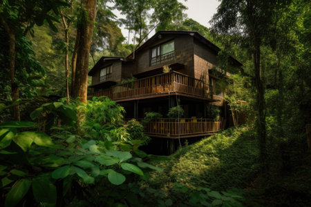 eco-friendly hotel, surrounded by lush greenery and natural surroundings, created with generative aiの素材