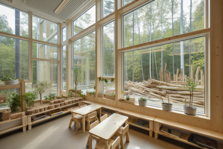 a calm and tranquil learning environment, with a view of nature through the window, created with generative aiの素材