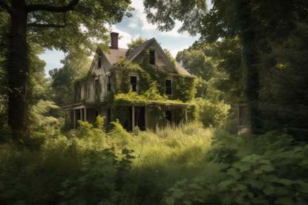 an abandoned house surrounded by overgrown brush and foliage, created with generative aiの素材