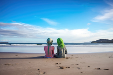 alien couple sitting on beach, looking out at the ocean view, created with generative aiの素材