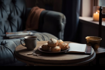 coffe break ritual involving warm cup of coffee, scone, and book in cozy armchair, created with generative aiの素材