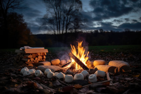 cozy bonfire with smores and marshmallows in the foreground, created with generative aiの素材