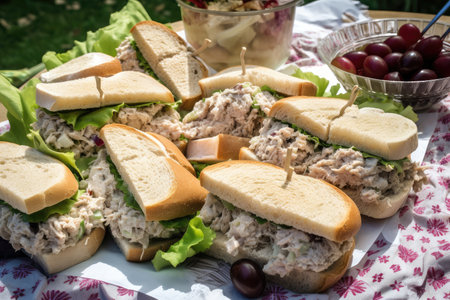 platter of tuna salad sandwiches, ready for a picnic in the park, created with generative aiの素材