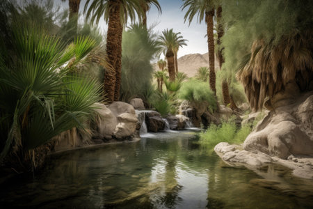 desert oasis, with waterfalls and greenery in the background, created with generative aiの素材