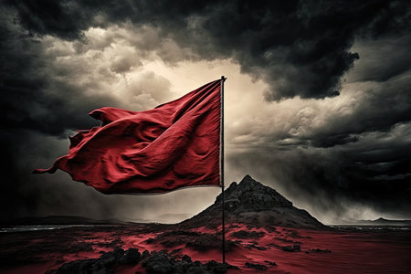 a peak with red flag and stormy sky in the background, created with generative aiの素材